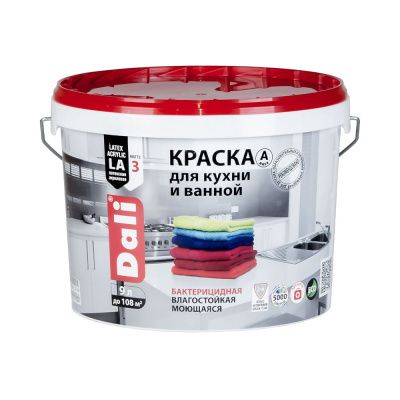 Краска для кухни и ванной, акриловая, моющаяся, глубокоматовая, Dali база А 9 л